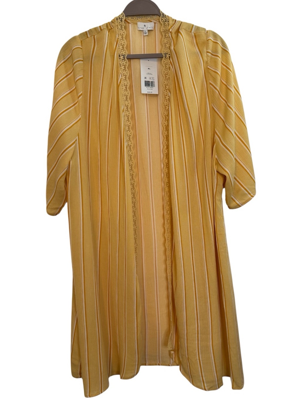 True Craft Mustard Yellow Striped Lace-Trim Open kimono